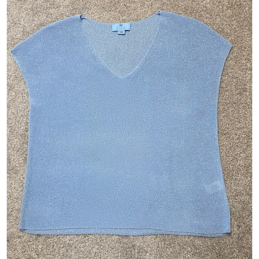 CeCe Womens Light Blue Metallic V-Neck Knit Sweater Vest Top Size Large L
422
